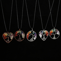 Collier Pendentif Arbre de Vie Style Vintage Design Caractéristique JD Sept Chakras avec Gravier, Chaîne en Corde, Alliage de Cuivre, Pierre Naturelle