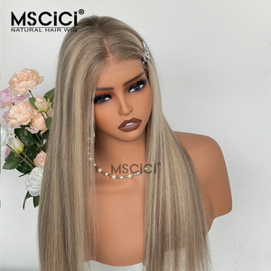 Parrucca Liscia con Highlights in <span class=keywords><strong>Capelli</strong></span> Umani Brasiliani, <span class=keywords><strong>Biondo</strong></span> <span class=keywords><strong>Cenere</strong></span> Misto, 13x4 HD, con Pizzo Trasparente Frontale, Pre-Piumata, Senza Colla - Product Image 4