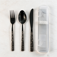 Ensemble de couverts de voyage portables 3 pièces en acier inoxydable noir PVD poli miroir, design moderne, avec étui