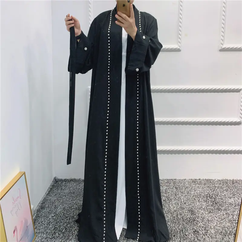 2024 Latest Abaya Arab Turkish Dubai Robe Solid Cardigan with Pearl Dress Cardigan