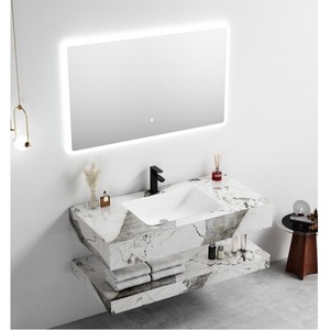 Mueble de Baño Suspendido en Pared CR con Encimera de Mármol Gris, Lavabo y Espejo LED - Product Image 1