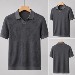 Polo de punto gofrado texturizado personalizado para hombre, manga corta, cuello Johnny, corte ajustado, transpirable, camiseta de punto de verano - Product Image 2