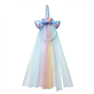 Gasa Arco Iris Color unicornio diadema princesa gradiente borla encaje Niña pelo ornamento tocado flor diadema - Product Image 4