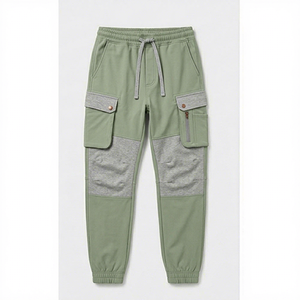<b>Men</b> <b>Cargo</b> Sweatpants <b>Green</b> Gray Color Blocked Elastic Waist Drawstring Closure Multiple Pockets Casual Joggers Autumn Wear - Product Image 1