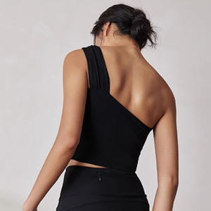 Atasan olahraga wanita tanpa lengan model single shoulder seksi dengan bantalan dada push up, bra yoga wanita dengan dukungan tinggi, cepat kering, tank top wanita. - Product Image 3