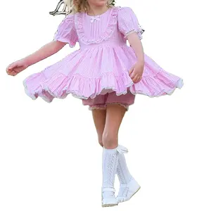 Plaid Pink Lace Dress Little Girl Toddler Fashionable Frock Customized Woven Short Sleeve Summer Daily Outfit For Girls
