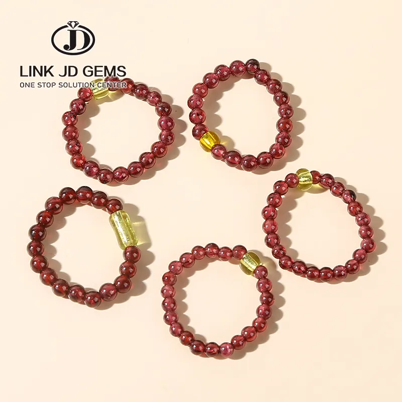 JD Wholesale Round Gemstone Beads Elastic Strand Finger Ring Natural Garnet Beads Ring For Women Party Jewelry Gift