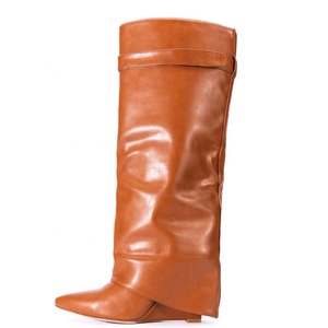 Botas Largas Plegables de Tacón Alto con Punta Puntiaguda para Mujer, Botines Personalizados hasta la Rodilla con Tacón de Cuña y Superposición - Product Image 4