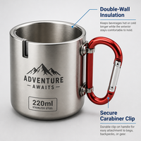 Mug de camping en acier inoxydable à double paroi de 220 ml avec poignée mousqueton, tasse isolée légère pour la randonnée et les activités de plein air
