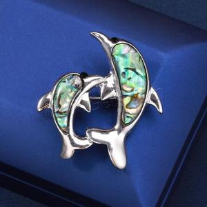 Broche de Joias em Forma de Golfinho com Concha de Abalone Prateada para Mulheres, Liga de Zinco, Cor Original 40x42mm 1630907 - Product Image 4