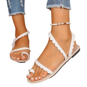 Elegant Scalloped Lace Flat <b>Sandals</b> Women Toe Ring <b>Elastic</b> Ankle Strap Lightweight Summer Shoes - Product Image 5