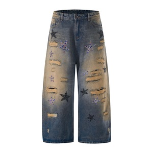Nouveau à la mode Hip-hop rue jambe large ample jambe droite hommes Denim pantalon cinq branches étoile paillettes bleu Graffiti déchiré jean - Product Image 1
