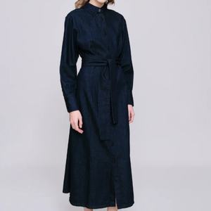 Vestido vaquero retro de primavera para mujer, elegante vestido vaquero de manga larga con cinturón, estilo empresarial, vestido vaquero de mezclilla cruda con dobladillo. - Product Image 1