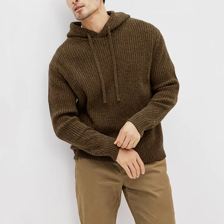 Suéter de lana merino de alta calidad, prendas de punto personalizadas de fabricante, ropa de calle, Jersey sólido, suéter con capucha de punto para hombre