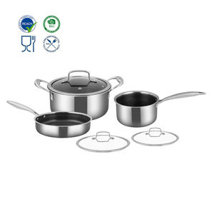 Lot de 6 ustensiles de cuisson antiadhésifs en acier inoxydable 18/10 triple couche alvéolé, comprenant casseroles, poêles, faitouts, poêle à sauter et marmite, résistants au four - Product Image 1
