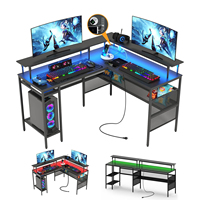 Meja Komputer Reversibel untuk Kantor di Rumah dengan Dudukan Monitor, Lampu LED Sudut, Meja Gaming Bentuk L dengan Soket dan Port USB