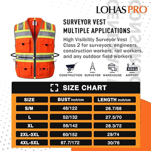 Gilet de sécurité haute visibilité ANSI Classe 2, 7 poches multiples, orange fluorescent, pour hommes et femmes, pour le travail et la construction, grande poche dorsale - Product Image 2