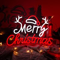 Letrero LED de Neón Personalizado 'Feliz Navidad' - Gráfico de Gorro con Astas en Cursiva Rojo y Blanco |   Luz Decorativa para el Hogar con Control Remoto IP65