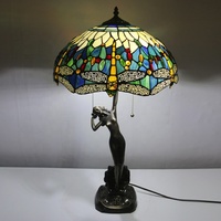 Lampe de table en verre teinté style Tiffany LongHuiJing, motif libellule, 16 pouces, hauteur 28,35 pouces