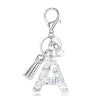 Porte-clés lettre B en cristal transparent avec pompon et perle, porte-clés alphabet brillant, pendentif de sac élégant plaqué argent, cadeau