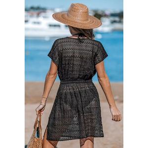 Robe de plage tropicale noire à col en V profond, épaules tombantes, liens transparents, respirante, fraîche, taille cintrée - Product Image 5