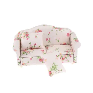 Vintage Doll House 1:12 Wooden fabric Mini Sofa couch with pillow Ob11 Miniature furniture Decoration accessories