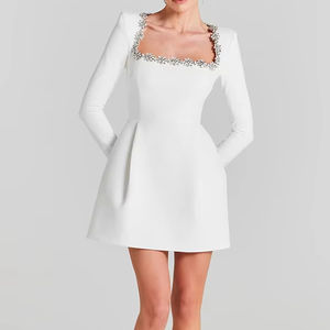 Vestido de Fiesta Mini para Mujer 2026, Elegante, Tejido Sólido, Cuello Cuadrado, Manga Larga, Cintura Alta, Decoración de Pedrería, Corte en A - Product Image 1