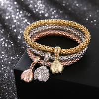 Bracelets à breloques à la mode pour femmes ensemble 3 pièces cristal hibou coeur éléphant ancre pendentifs strass Bracelets à breloques Bracelets