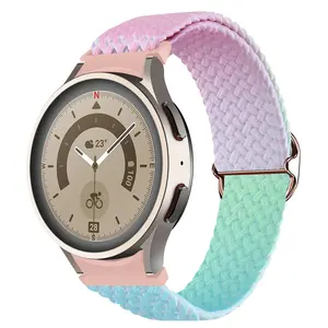 สายรัดข้อมือเดี่ยวถักสีไล่ระดับสีสายรัดหัวเข็มขัดโลหะปรับได้สำหรับ Samsung Galaxy Watch 5 4 44mm สายนาฬิกาไนลอน