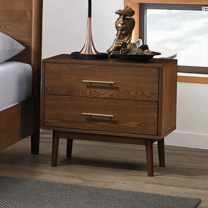 Walnut Nightstand Solid Wood <b>2</b>-<b>Drawer</b> Bedside Table Nickel Bar Pulls Round Tapered Legs Modern Bedroom <b>Storage</b> <b>Drawer</b> - Product Image 3