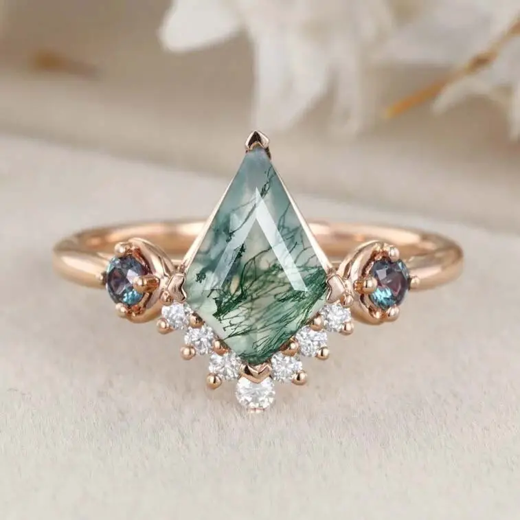 Diều Cắt Tự Nhiên 1.5ct 7x10Mm Moss Agate Và Alexandrite Engagement Ring Cổ Điển Rắn Rose Gold Bridal Ring Cho Phụ Nữ