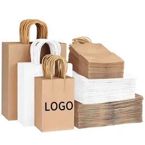 White And Brown Kraft Paper Twisted Handle Shopping Carrier Bag With Logo Printed