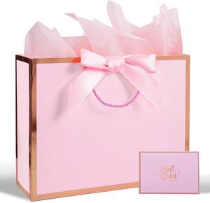 Bolsa de Regalo Rosa con Cinta y Asa, Tarjeta de Felicitación, Papel de Seda, Marco Dorado Rosa para Niñas, Compromisos Nupciales, Cualquier Ocasión - Product Image 1