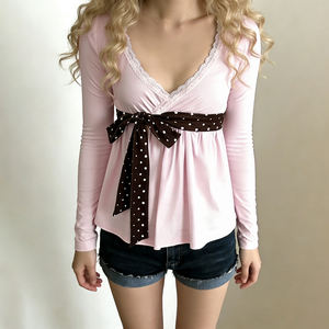 Sweet lace splicing V-neck polka dot lace-up bowknot A-line long-sleeved <b>slim</b>-fitting T-shirt versatile and easy to match - Product Image 1