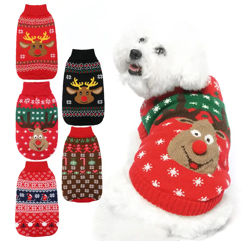 Factory Price Elastic Cute Pattern Knitted Dog Sweater Christmas Holiday Dog Clothes Pet Warm Jumper