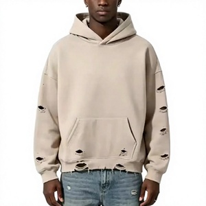 Men's Regular Fit Hooded <b>Sweatshirt</b> Solid Color Ripped Design 100% Cotton <b>Fleece</b> Breathable <b>Lined</b> Casual Winter Wear - Product Image 1