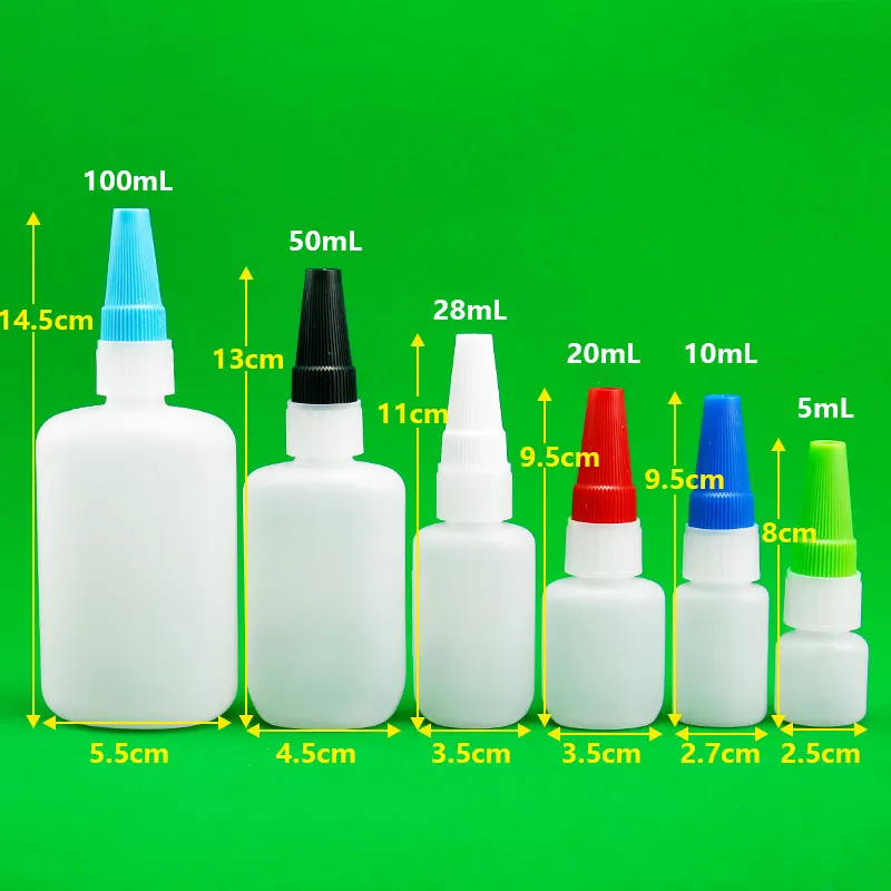Factory Directly Sell 5ml 10ml 20ml 28ml 50ml 100ml Super Glue Plastic Bottle Cyanoacrylate Adhesive Bottle W Twist Cap+ Dropper
