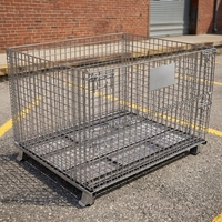 Conteneur en fil de fer galvanisé avec roulettes et pieds empilables, porte basculante et charnière spirale pour le stockage logistique industriel