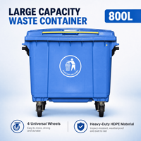 Conteneur à déchets extérieur 800L en plastique HDPE, type induction, haute visibilité, écologique, sécurisé pour les enfants, avec roue de frein et bouchon de vidange