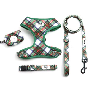 클래식하고 내구성 있는 녹색 체크무늬 패션 강아지 하네스 & 리드 스카프 포함 - 소형견부터 대형견 및 고양이까지 사용 가능한 노풀 디자인 - Product Image 1