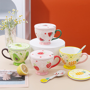 Mug à petit-déjeuner en céramique écologique, motif fruits en relief peint à la main, grande capacité 450 ml, design élégant, usage domestique - Product Image 6