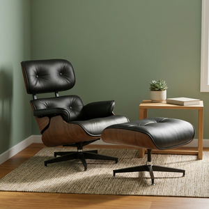 Midcentury Modern Leather Recliner Chair with Ottoman Manual Tilting Living Room Furniture Genuine Leather Upholstery - Product Image 2