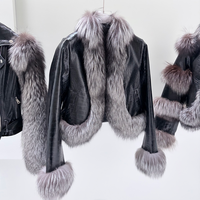 Neue Saison Kurze Schwarze Lederjacke mit Kerbrevers und Pelzärmeln Damenjacken für Moderne Frauen