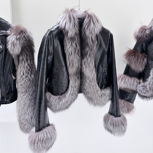 New Season Cropped Black Leather <strong>Jacket</strong> Notched Lapel <strong>Fur</strong> Sleeves Women's <strong>Jackets</strong> for Modern Women - Product Image 3