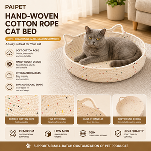 <span class=keywords><strong>Panier</strong></span> pour <span class=keywords><strong>chat</strong></span> en corde de coton PAIPET, lit rond pour <span class=keywords><strong>chat</strong></span> avec poignées en forme d'oreilles de <span class=keywords><strong>chat</strong></span>, nid pour <span class=keywords><strong>chat</strong></span> tressé en confettis pour l'intérieur, vente en gros personnalisée - Product Image 1
