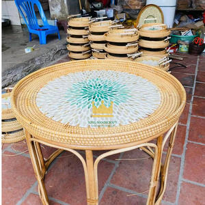 Ensemble de tables basses en rotin nacre à motifs floraux artistiques, tables d'appoint rondes pour la décoration du salon, meubles faits à la main - Product Image 2