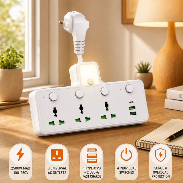 Copper and Brass Power Strip 3 Outlets 2 USB A USB C Ports Night Light Individual Switch IP20 Extension Socket for Home Office