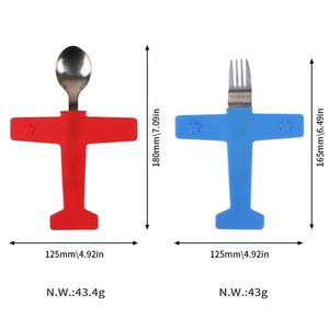 2 pièces/ensemble fourchette cuillère en acier inoxydable avec poignée en silicone en forme d'<span class=keywords><strong>avion</strong></span> pour les enfants - Product Image 3