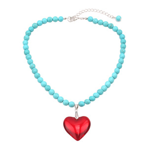 Collier en forme de cœur turquoise avec pendentif en verre rouge, bijoux à porter au quotidien - Product Image 5