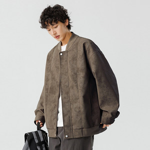<b>Men's</b> Vintage <b>Suede</b> Baseball <b>Jacket</b>-Trendy PU Coated Reversible Zippered Air-Conditioned Woven Fabric - Product Image 2